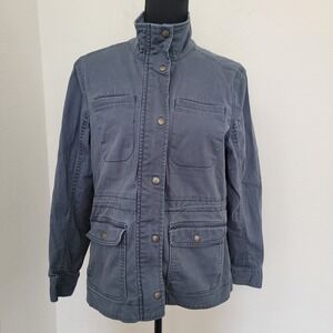 LL Bean Blue Zip Jacket Coat Pocket Small Petite Plaid Cotton Snap Button 503291